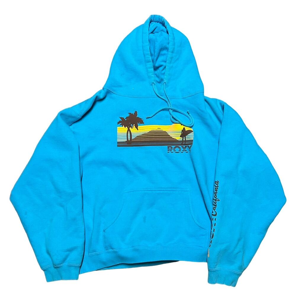 Vintage Y2K Roxy Hoodie Sweatshirt Womens XL Pullover Blue Palm Tree Surf Beach